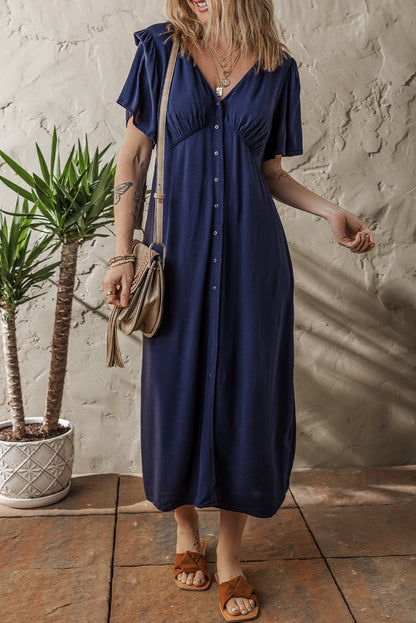 Buttoned Short Sleeve Midi Dress