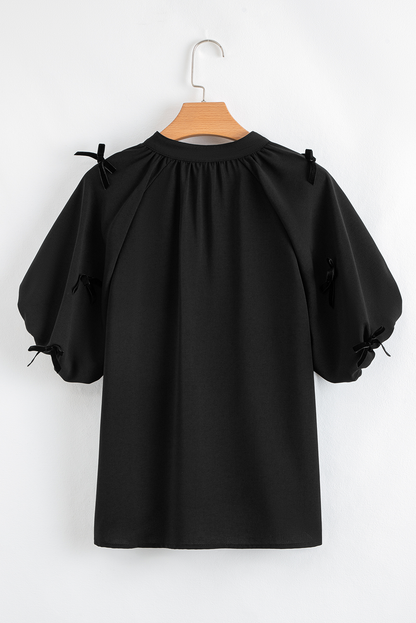 Bow Puff Sleeve V-Neck Blouse