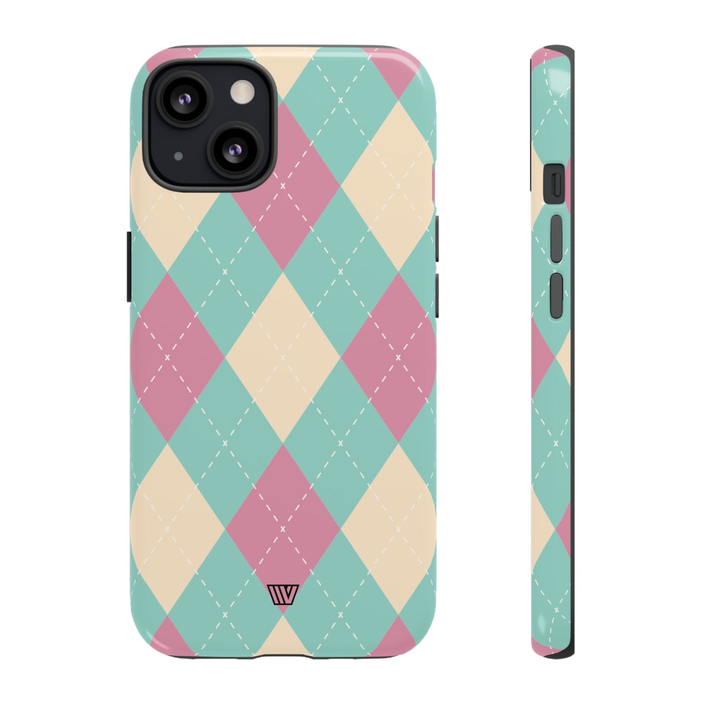 Funda resistente con diseño de rombos azul, rosa y beige