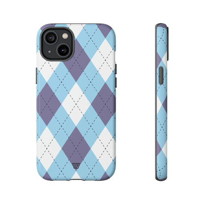 Funda resistente con diseño de rombos azul, blanco y morado