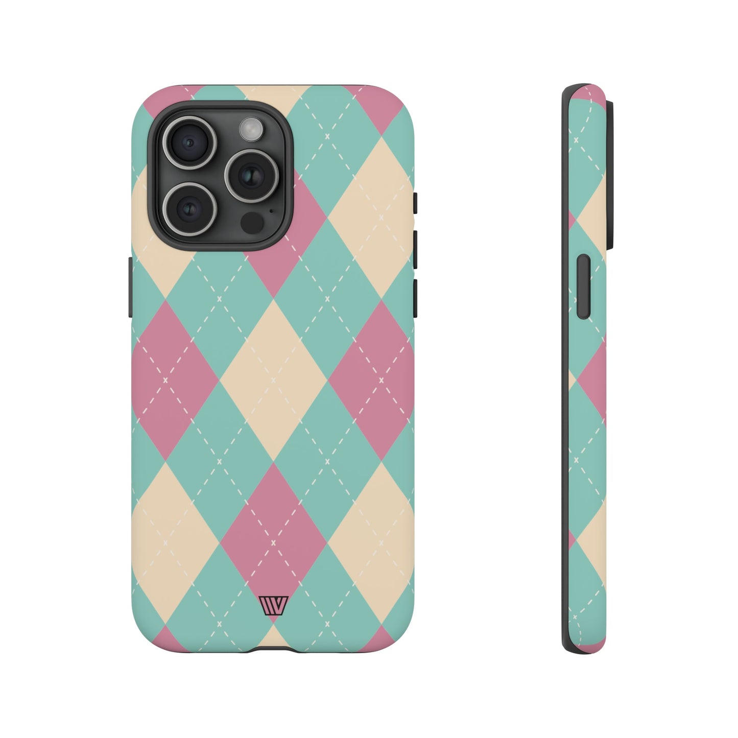 Funda resistente con diseño de rombos azul, rosa y beige
