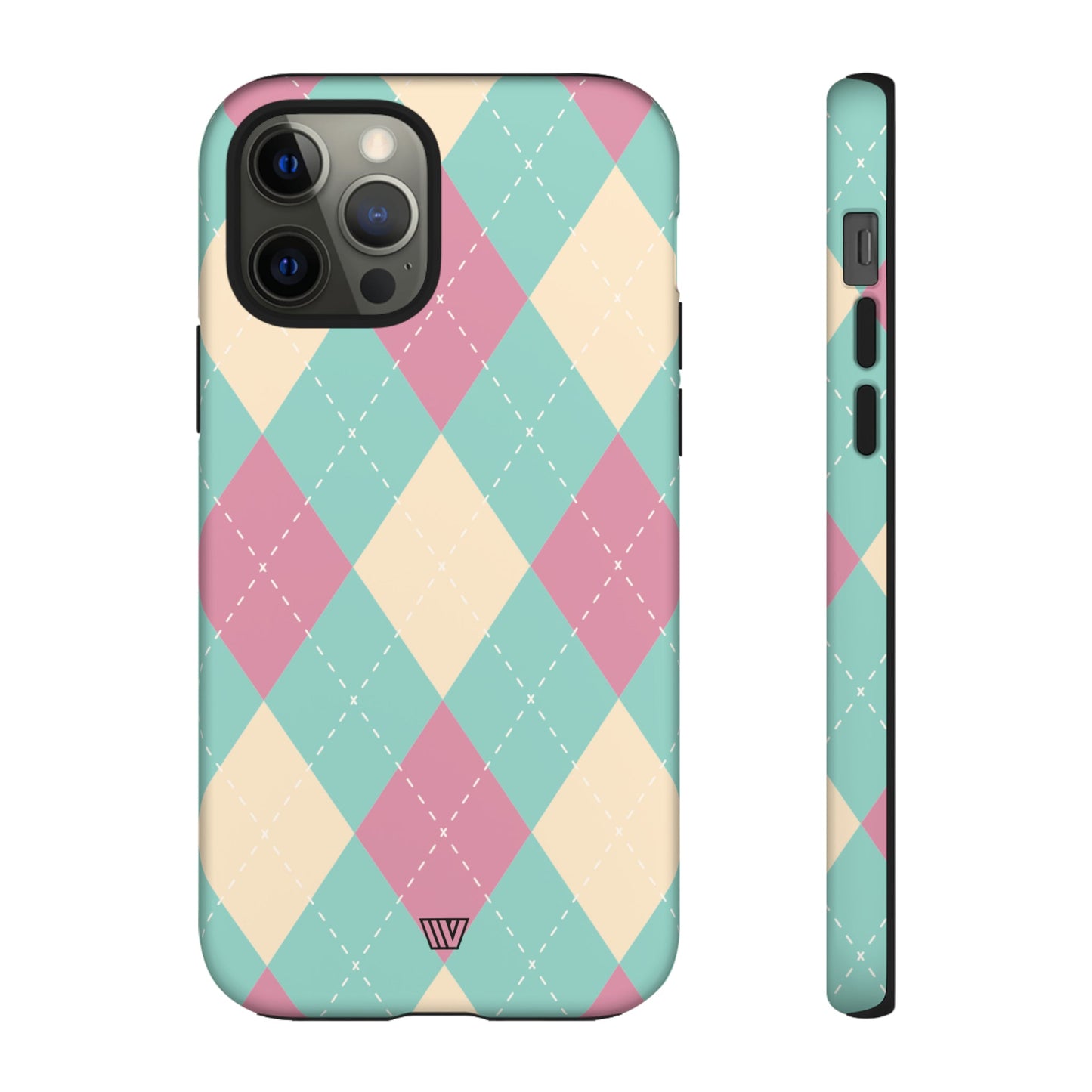 Funda resistente con diseño de rombos azul, rosa y beige