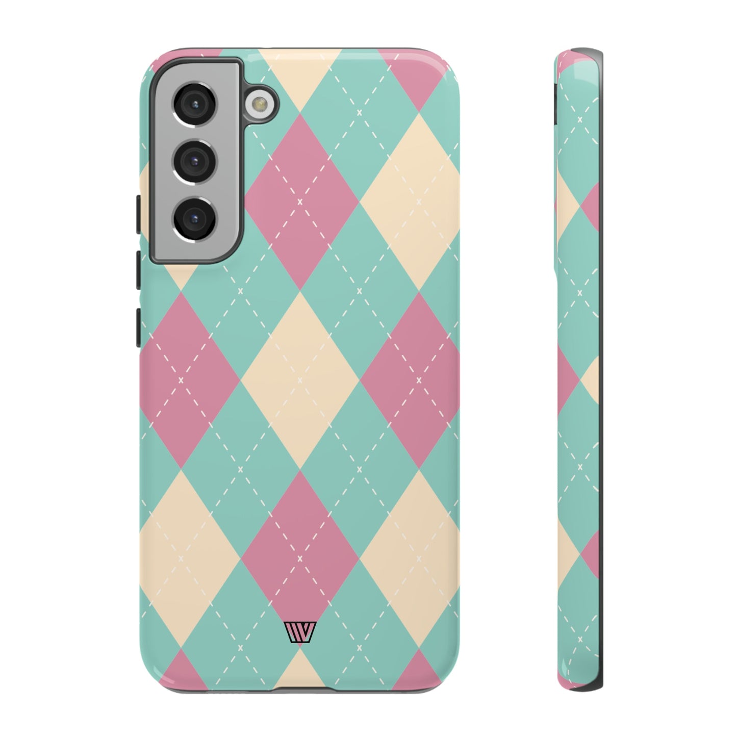 Funda resistente con diseño de rombos azul, rosa y beige