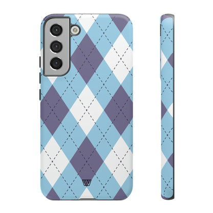 Funda resistente con diseño de rombos azul, blanco y morado
