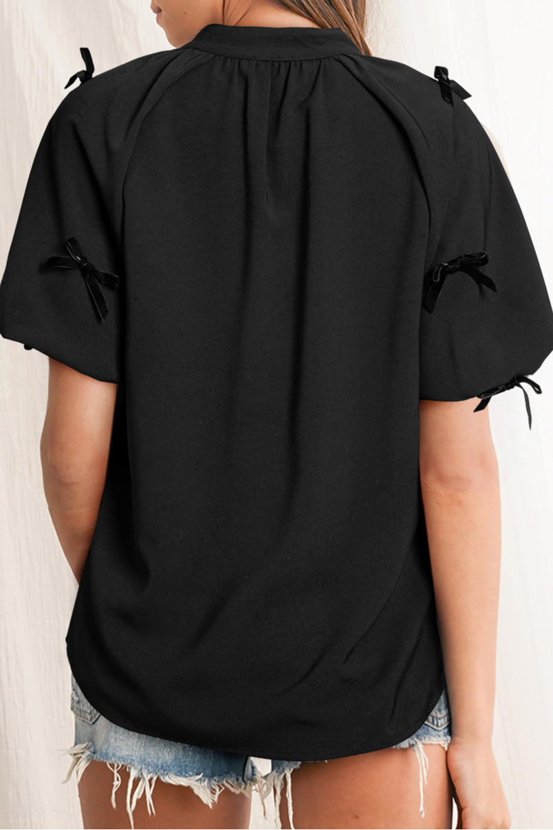 Bow Puff Sleeve V-Neck Blouse