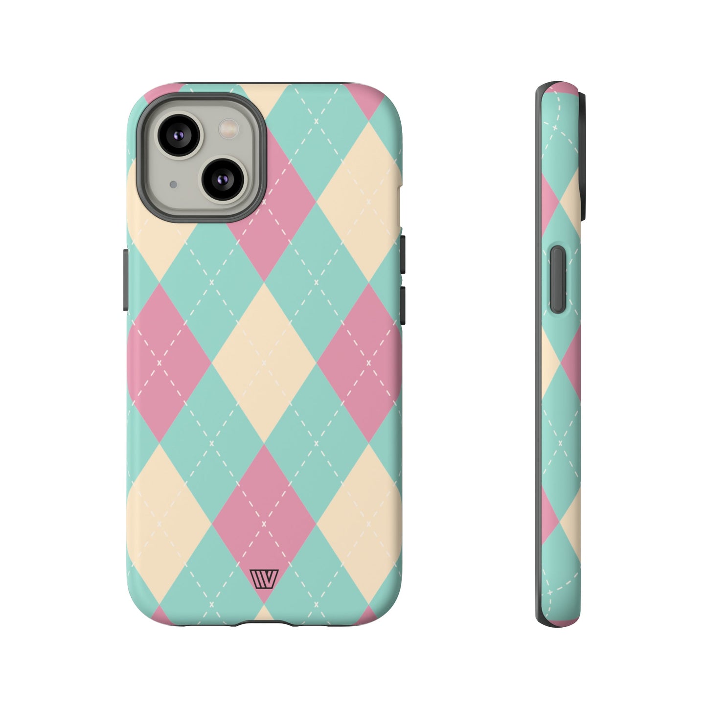 Funda resistente con diseño de rombos azul, rosa y beige