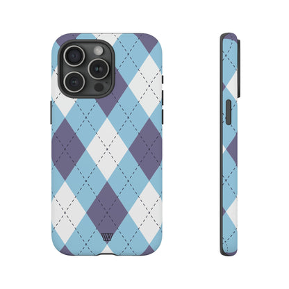 Funda resistente con diseño de rombos azul, blanco y morado