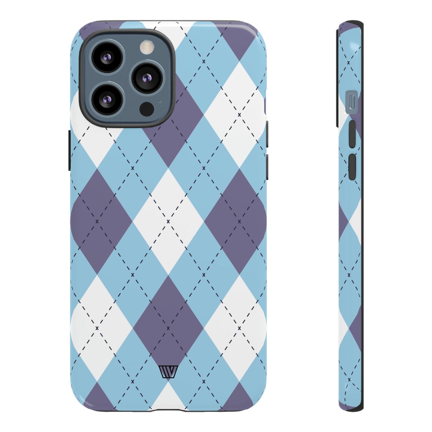 Funda resistente con diseño de rombos azul, blanco y morado