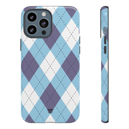 Funda resistente con diseño de rombos azul, blanco y morado