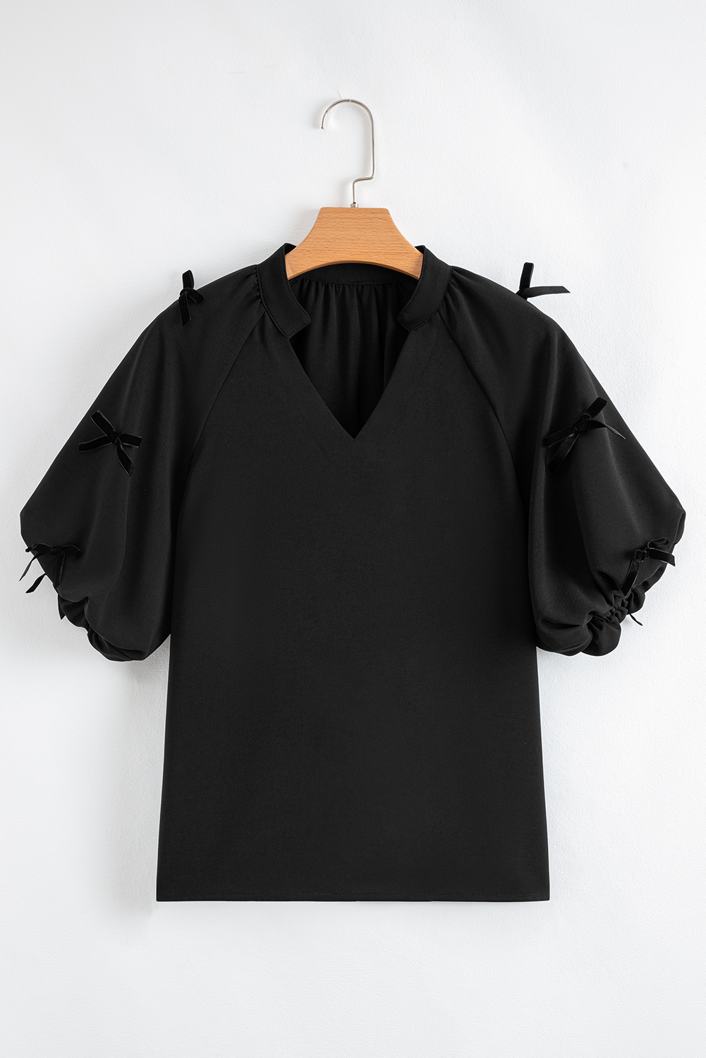 Bow Puff Sleeve V-Neck Blouse