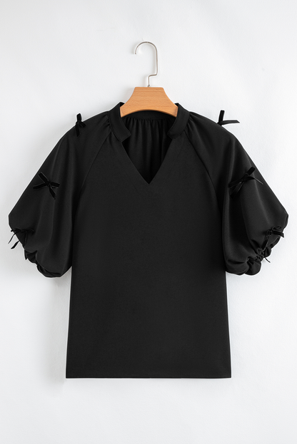 Bow Puff Sleeve V-Neck Blouse