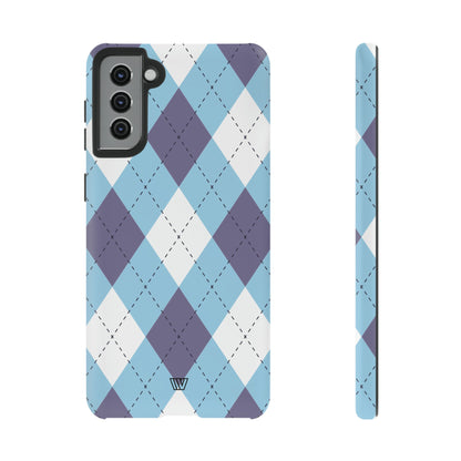 Funda resistente con diseño de rombos azul, blanco y morado