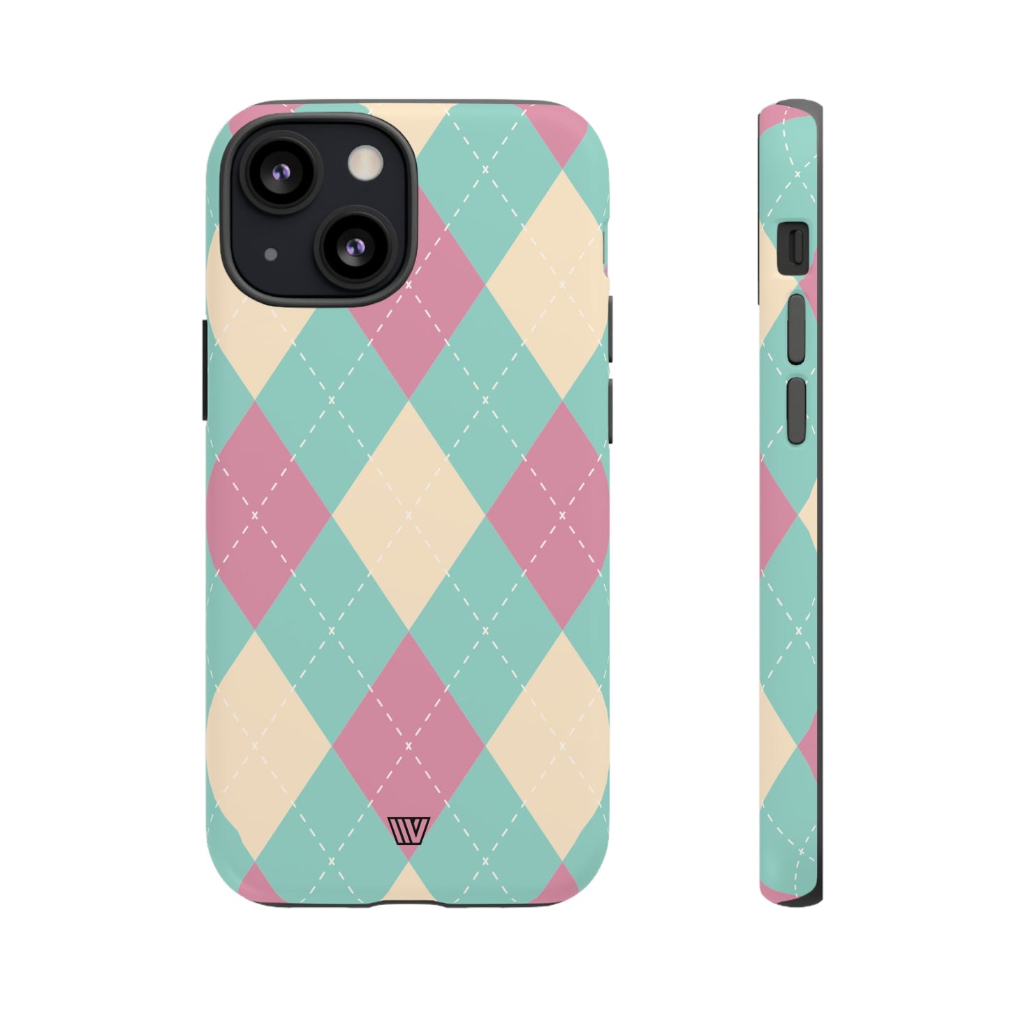 Funda resistente con diseño de rombos azul, rosa y beige