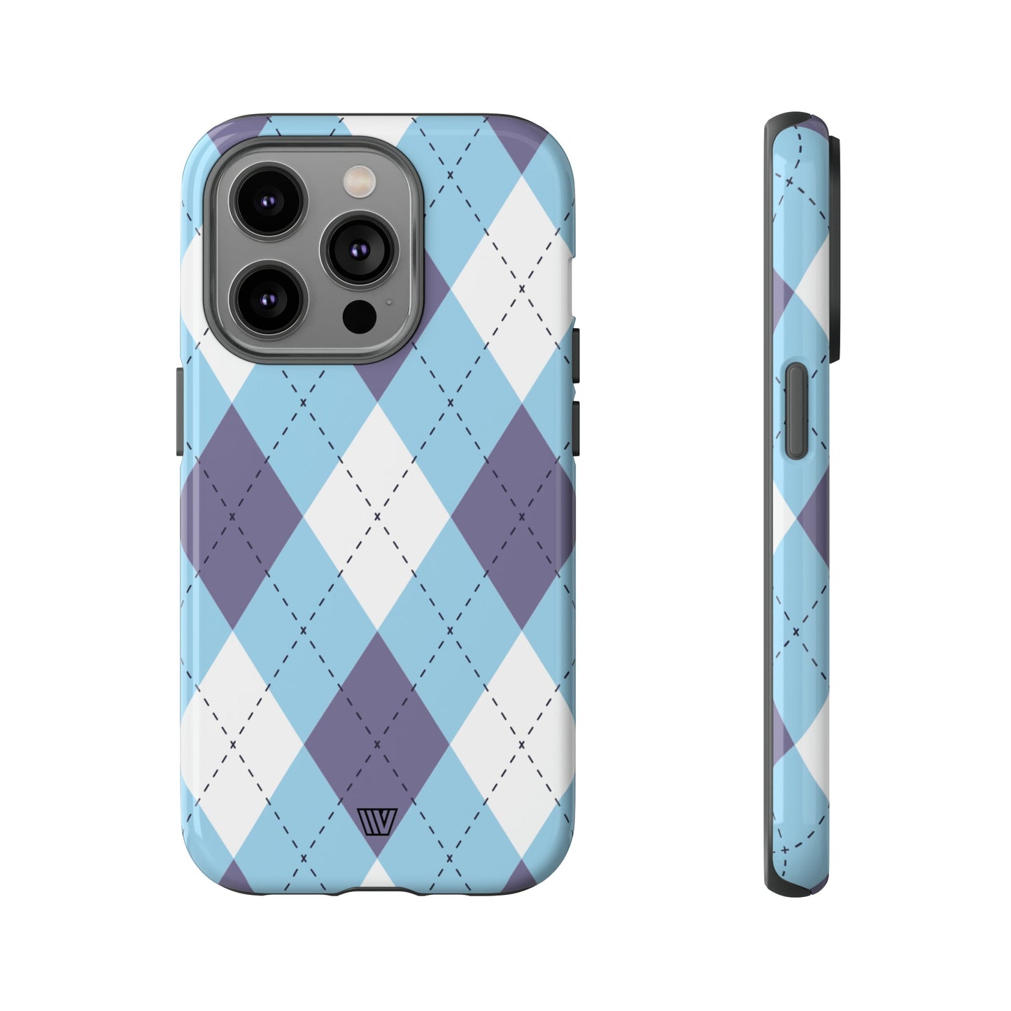 Funda resistente con diseño de rombos azul, blanco y morado