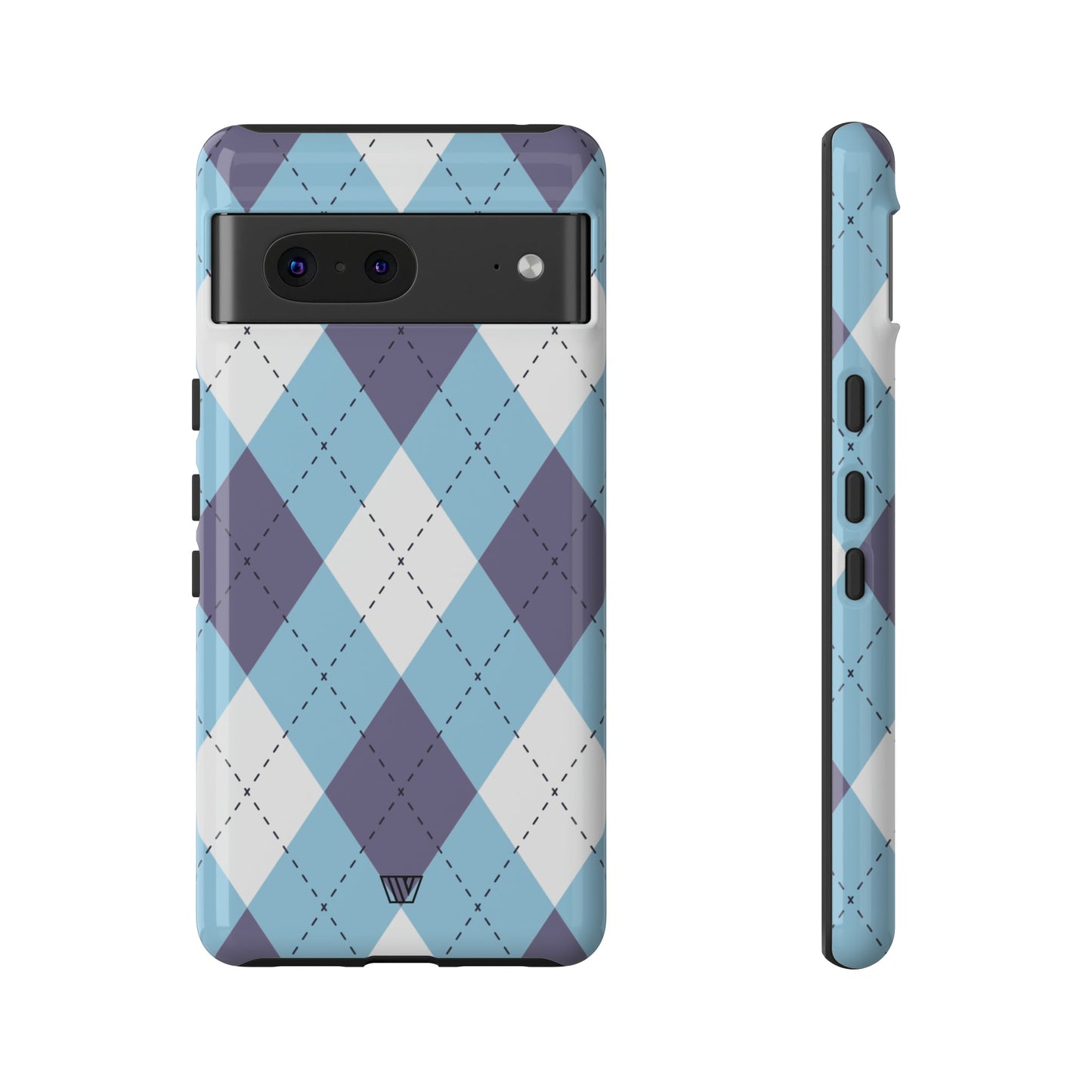 Funda resistente con diseño de rombos azul, blanco y morado