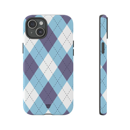 Funda resistente con diseño de rombos azul, blanco y morado