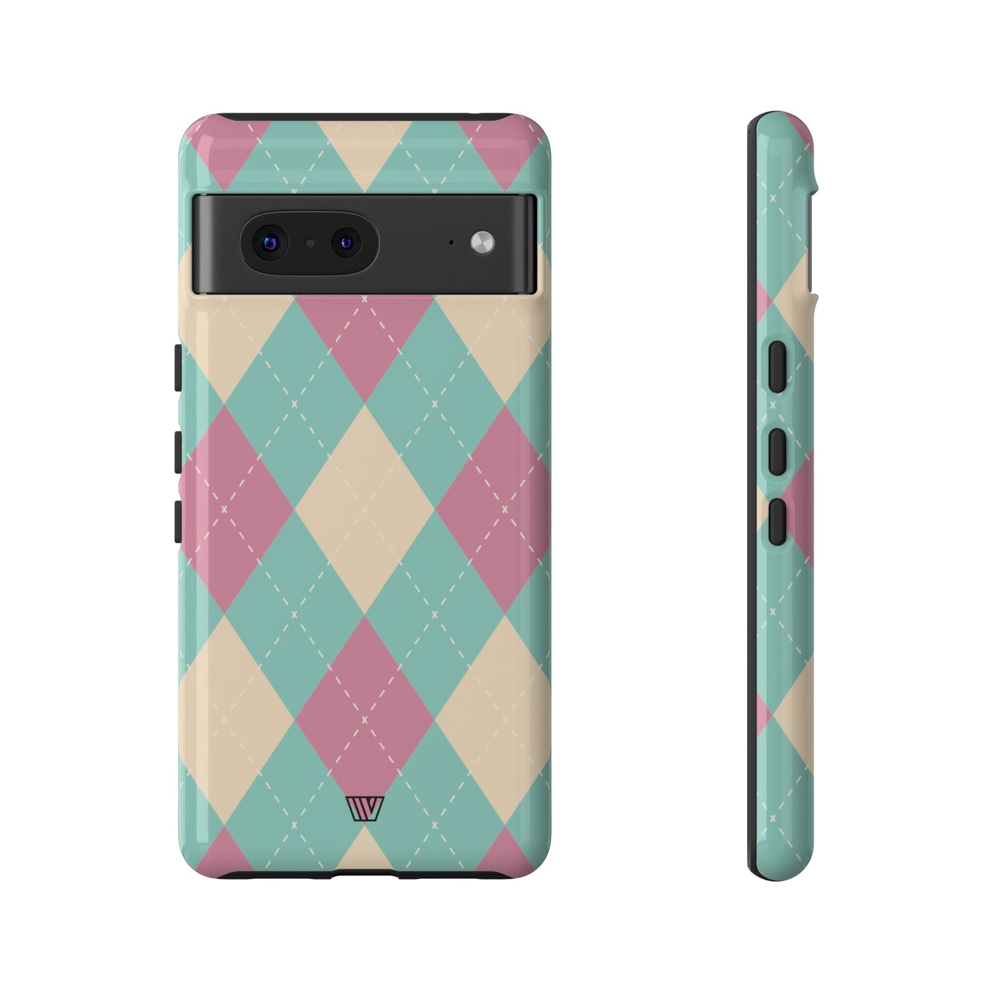 Funda resistente con diseño de rombos azul, rosa y beige