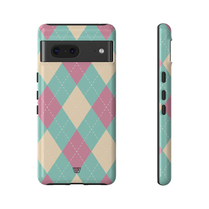 Funda resistente con diseño de rombos azul, rosa y beige