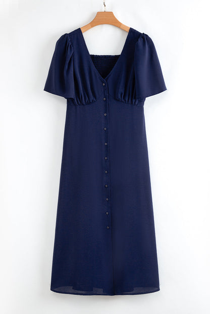Buttoned Short Sleeve Midi Dress