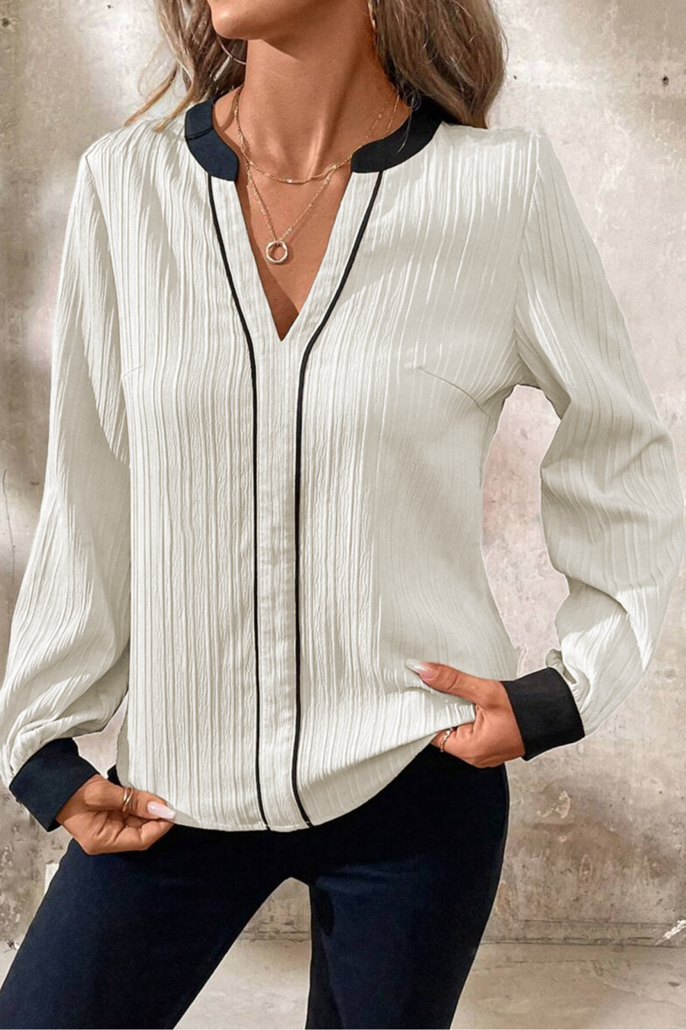 Colorblock Textured V-Neck Blouse