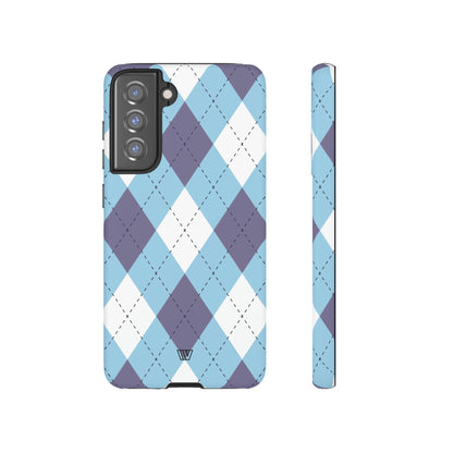 Funda resistente con diseño de rombos azul, blanco y morado