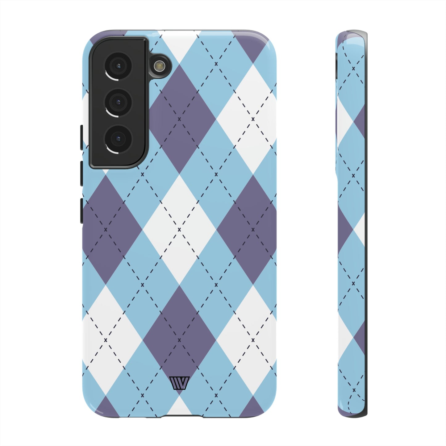 Funda resistente con diseño de rombos azul, blanco y morado