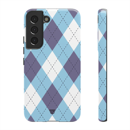 Funda resistente con diseño de rombos azul, blanco y morado