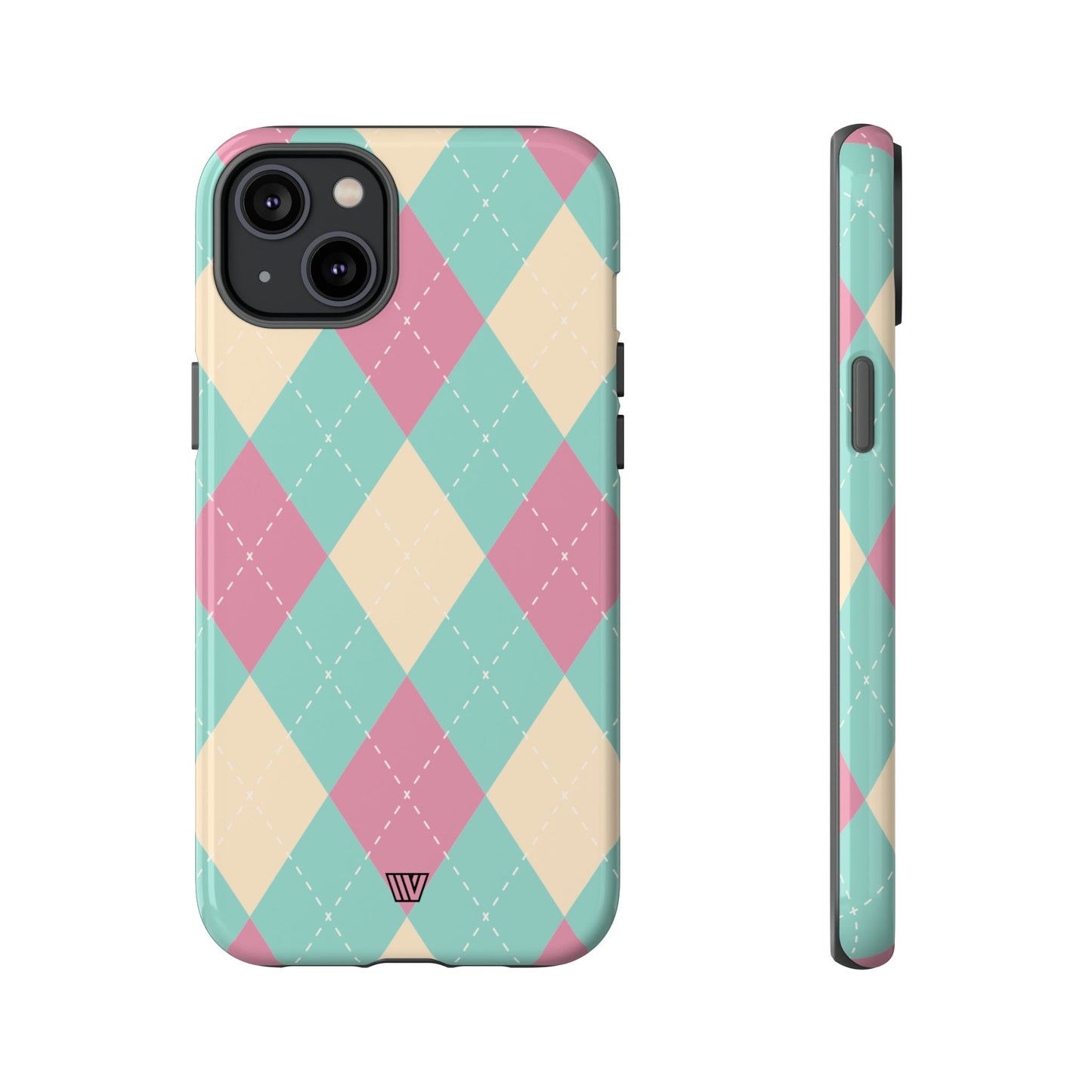 Funda resistente con diseño de rombos azul, rosa y beige