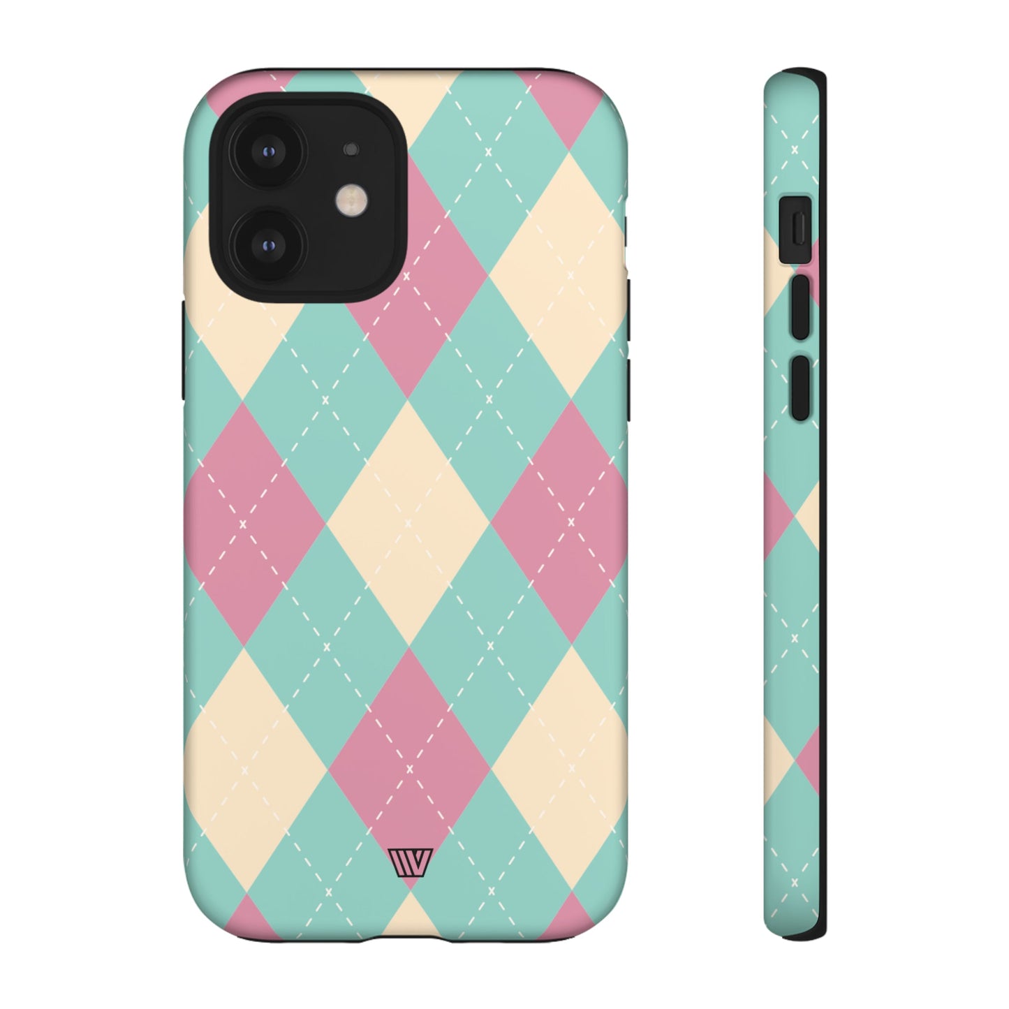 Funda resistente con diseño de rombos azul, rosa y beige