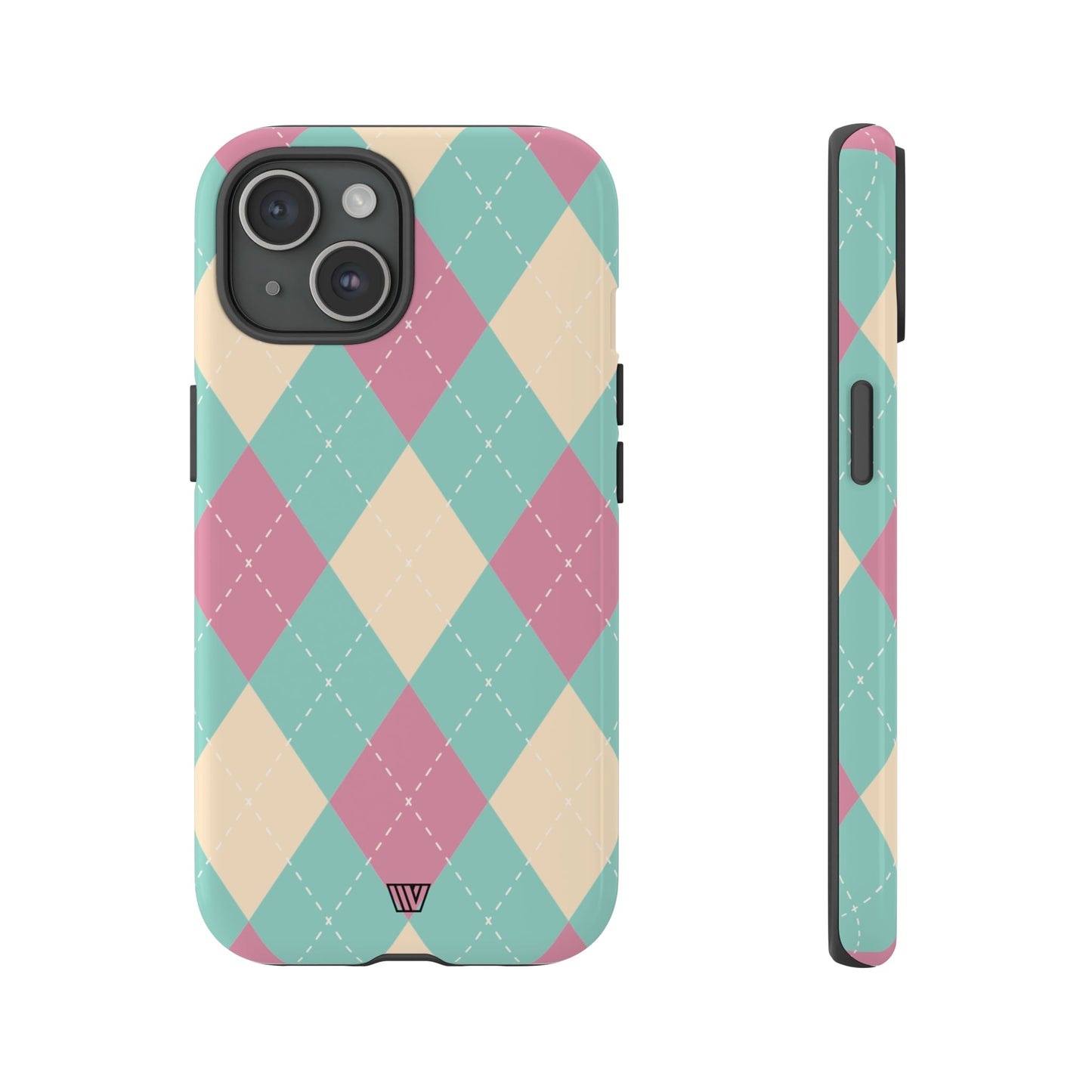 Funda resistente con diseño de rombos azul, rosa y beige