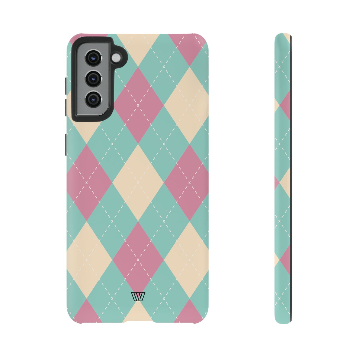 Funda resistente con diseño de rombos azul, rosa y beige