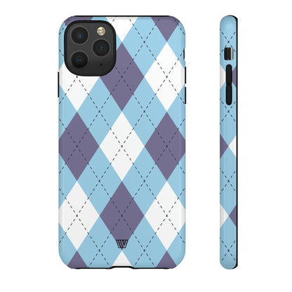 Funda resistente con diseño de rombos azul, blanco y morado