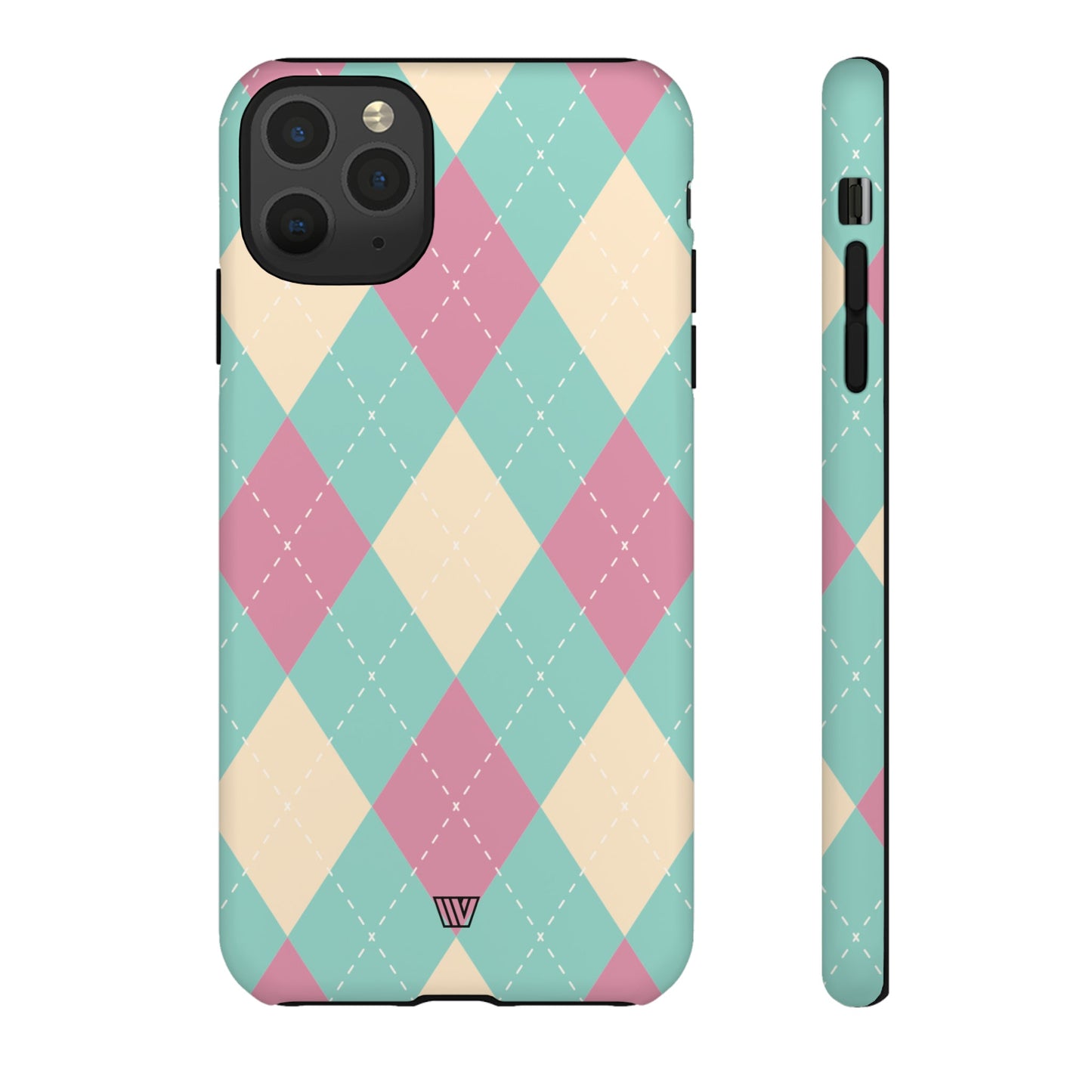 Funda resistente con diseño de rombos azul, rosa y beige