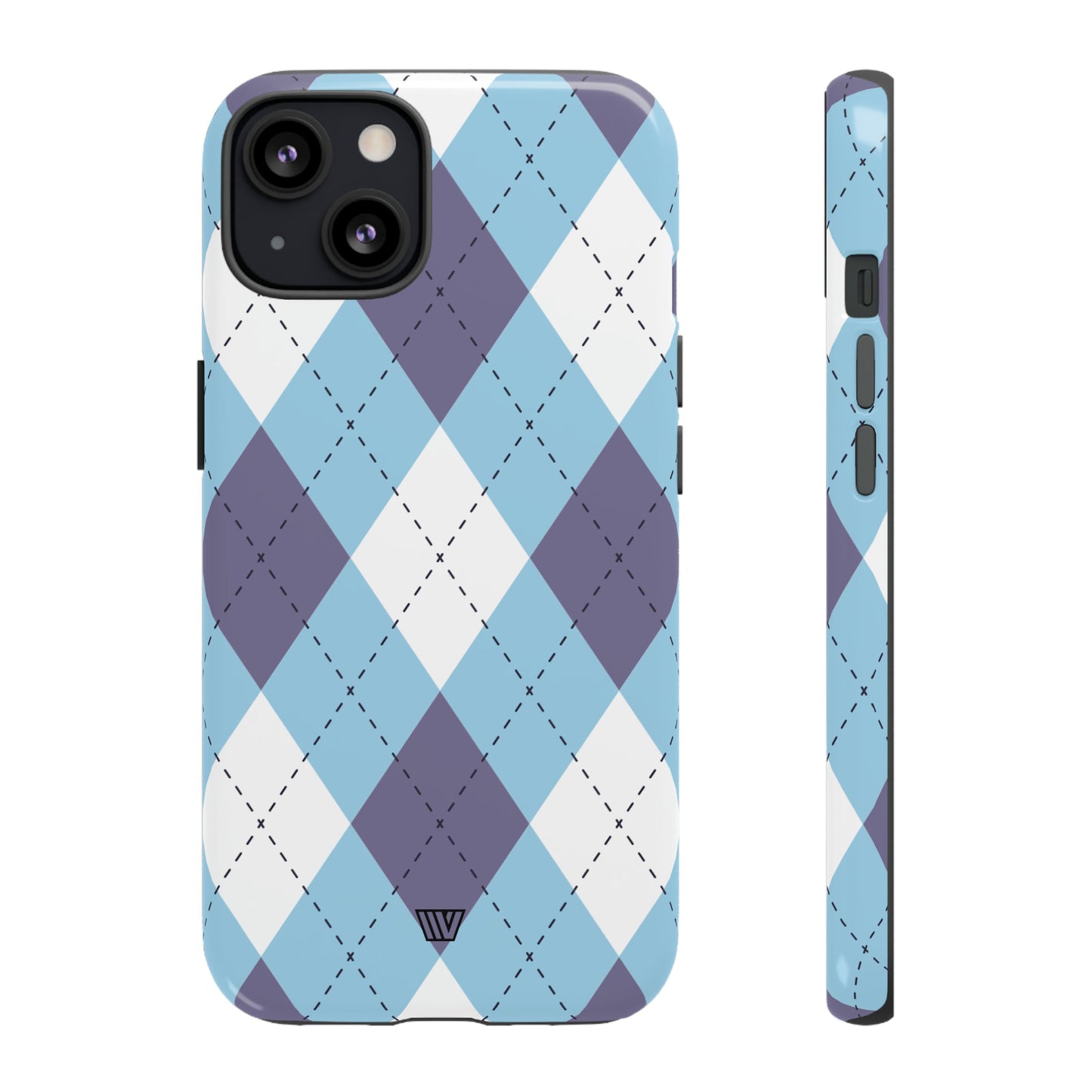 Funda resistente con diseño de rombos azul, blanco y morado