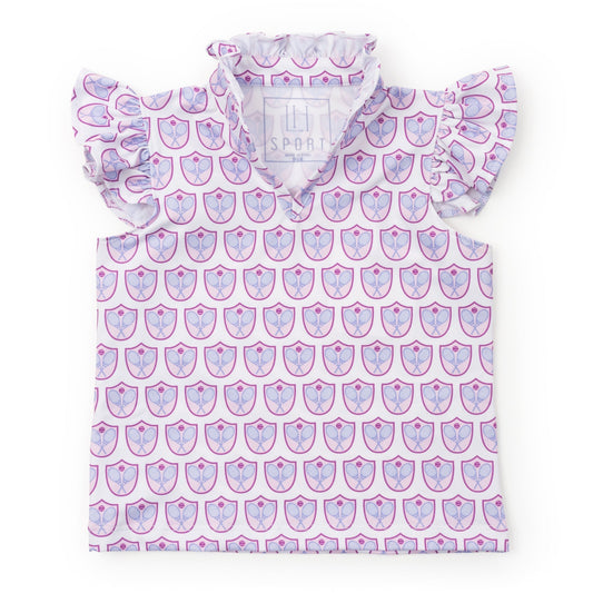Ellie Girls' Sleeveless Performance Top by LH Sport - Tennis Crest Pink