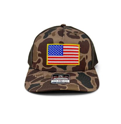 USA Flag Patch Hat | Richardson 112 | Duck Camo Brown
