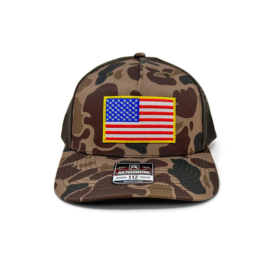 USA Flag Patch Hat | Richardson 112 | Duck Camo Brown