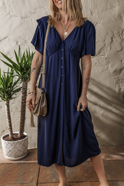 Buttoned Short Sleeve Midi Dress
