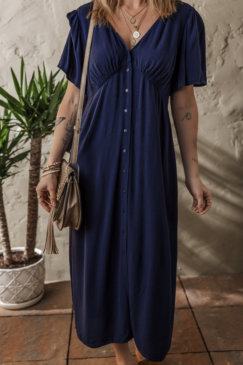 Buttoned Short Sleeve Midi Dress