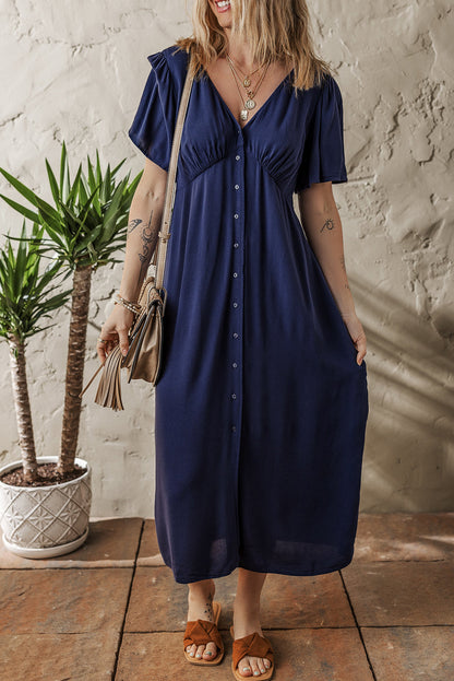 Buttoned Short Sleeve Midi Dress