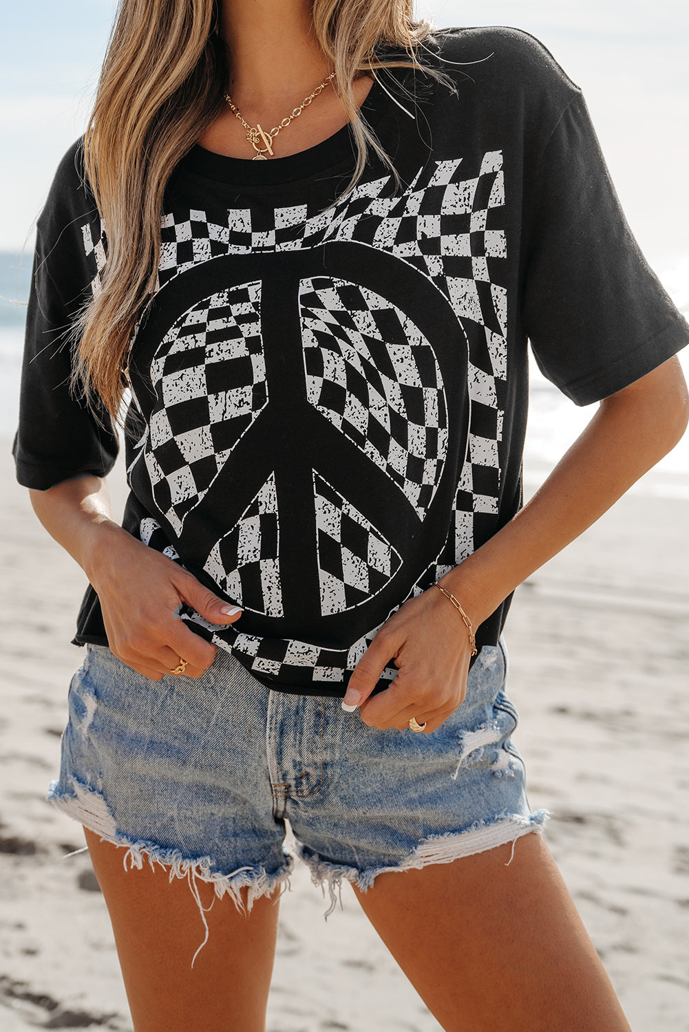 Checker Peace Sign Graphic T-Shirt