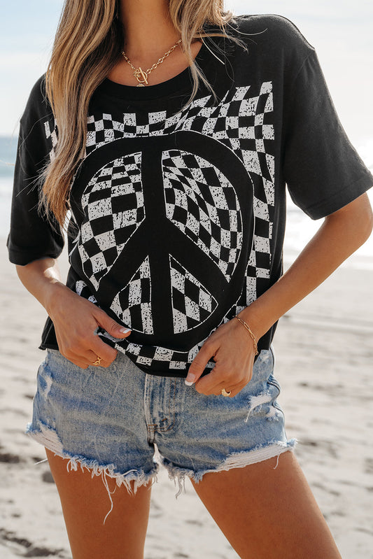 Checker Peace Sign Graphic T-Shirt