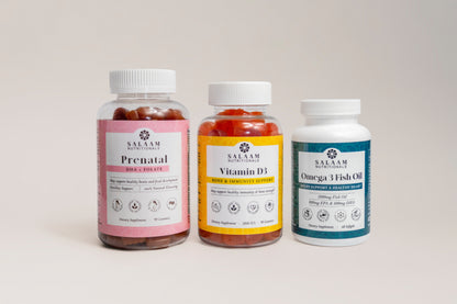 Halal Prenatal Bundle: Vitamin D3, Omega 3 Fish Oil & Prenatal Gummies (3 Bottles)