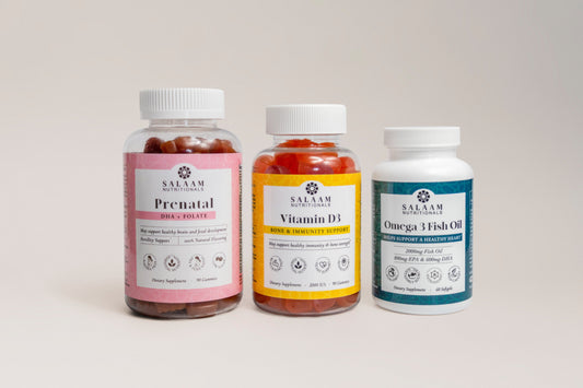 Halal Prenatal Bundle: Vitamin D3, Omega 3 Fish Oil & Prenatal Gummies (3 Bottles)